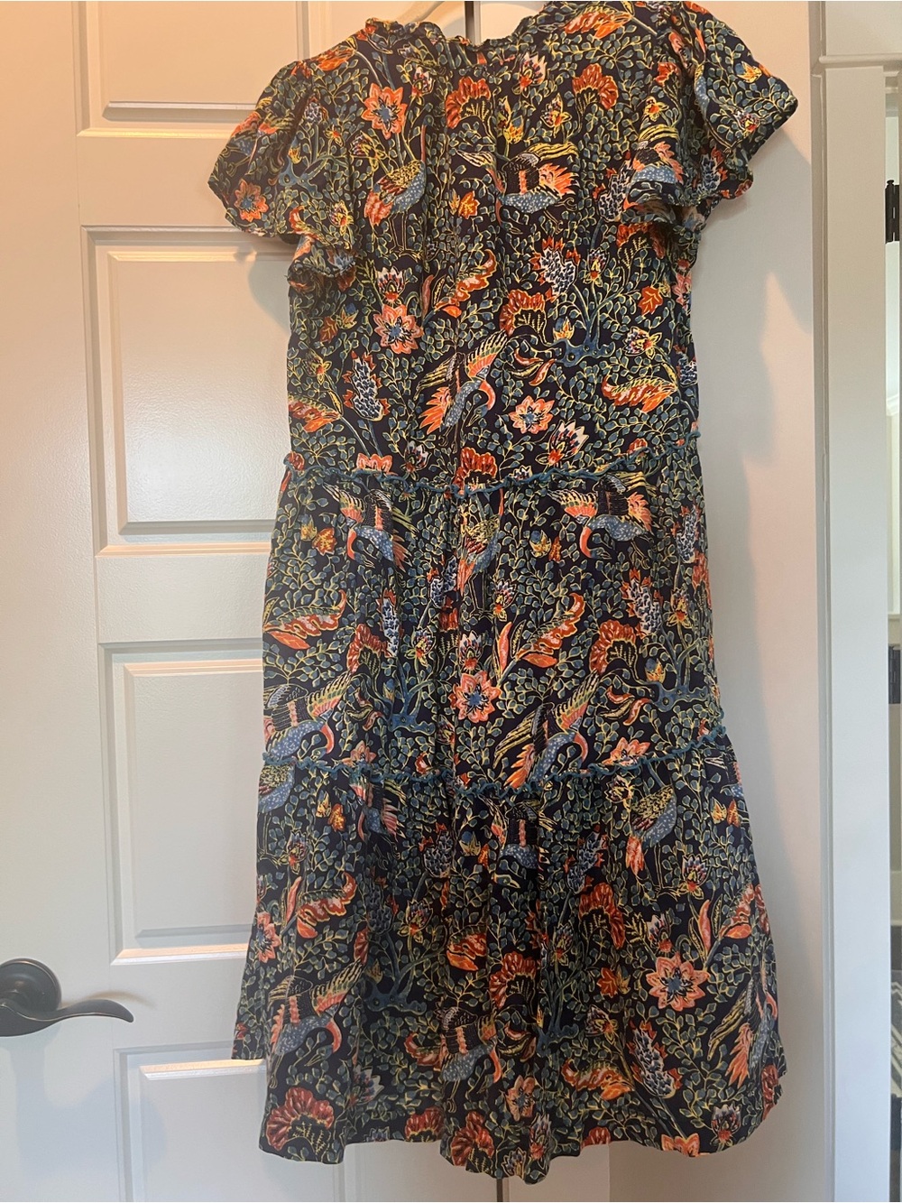 Anthropologie Navy Floral Midi Dress with Orange and Green Accents